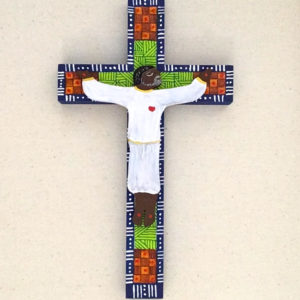 small crucifix, African decorative pattern, blue, green orange, brown, wall decor