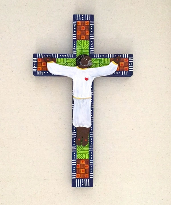 small crucifix, African decorative pattern, blue, green orange, brown, wall decor