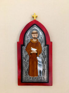 Saint Francis icon, wall art, sacred art. peace dove, wolf of Gubbio
