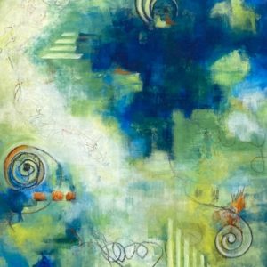 A blue green and yellow abstract painting with whimsical patterns, lines and shapes set in a sea of cool colors by Maureen White. Perfect for home or office.