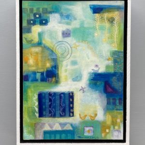 blue yellow and green abstract painting with shapes and soft delicate bird images.