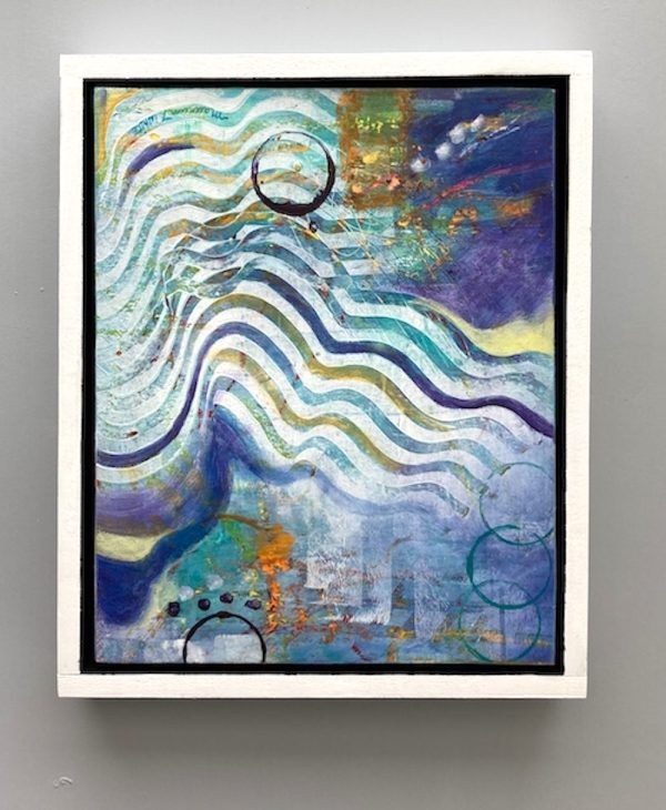 A vibrant abstract painting in purples and blues with white wavy lines. The colors evoke a thrilling vibrancy.