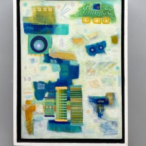 Yellow and blue and green abstract painting with shapes. Soft and vibrant hues floating on a delicate luminous background