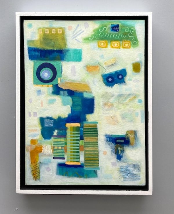 Yellow and blue and green abstract painting with shapes. Soft and vibrant hues floating on a delicate luminous background
