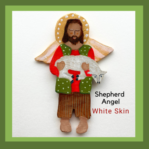 A white skin shepherd angel holding a small sheep. He is wearing bright red shirt and a green vest and brown stripped paints.