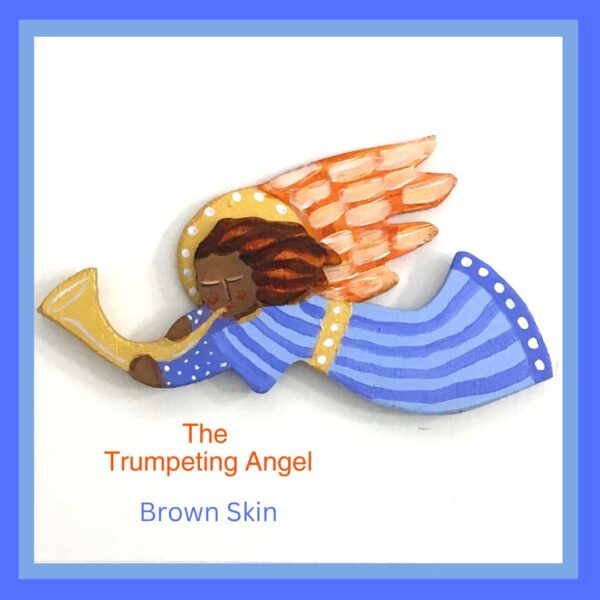 A brown skin wooden angel ornament blowing a trumpet. She is wearing a blue stripped dress and she has red hair and white wings.