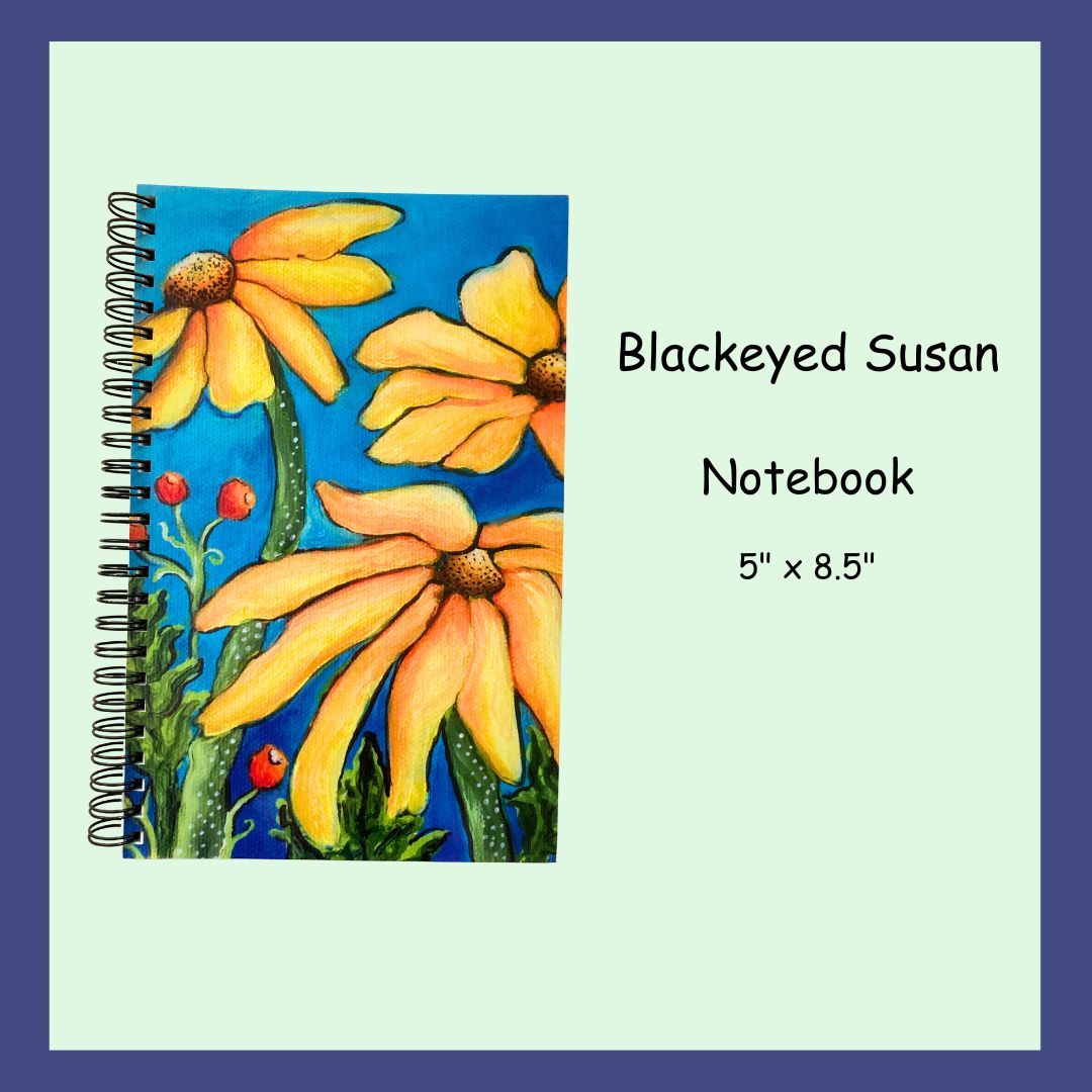 A 5 by 8 inch Black-Eyed-Susan flower spiraled notebook with a glossy cover. 80 ruled papers.