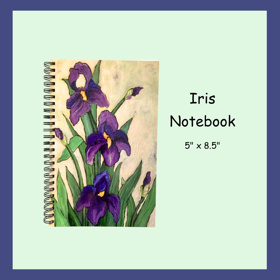 A 5 by 8 inch Iris flower spiraled notebook with a glossy cover. 80 ruled papers.