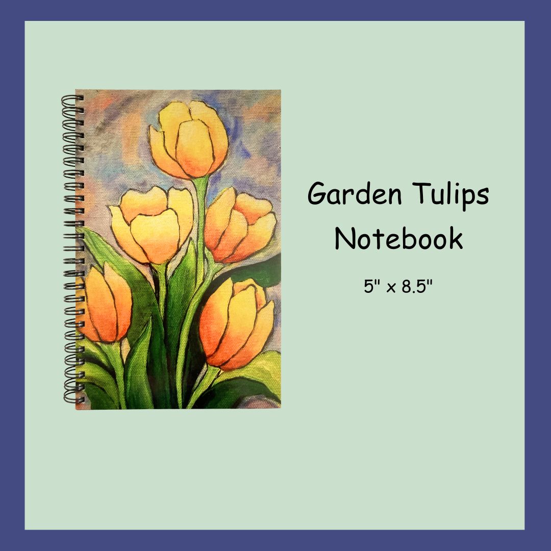 A 5 by 8 inch tulip flower spiraled notebook with a glossy cover. 80 ruled papers.