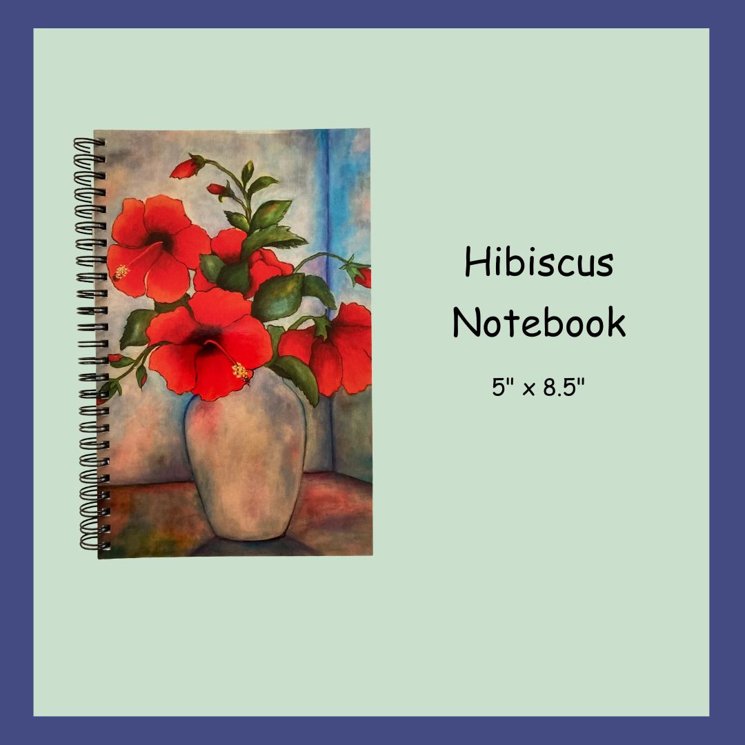 A 5 by 8 inch Hibiscus flower spiraled notebook with a glossy cover. 80 ruled papers.