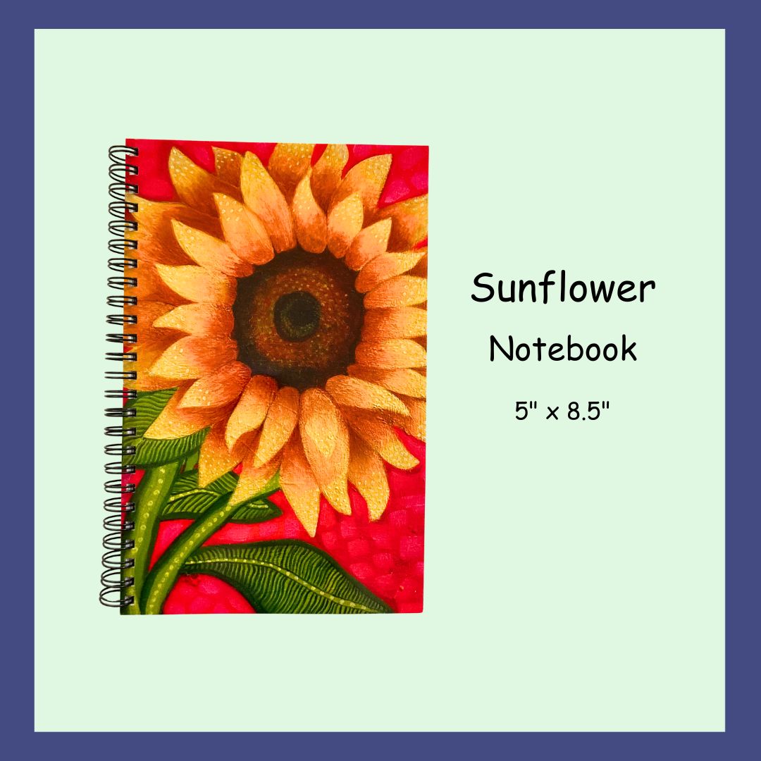 A 5 by 8 inch Sunflower spiral notebook with a glossy cover.
