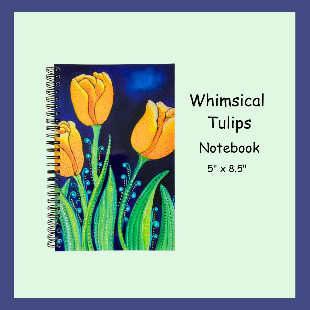 A 5 by 8 inch notebook featuring a glossy cover with a vibrant garden of tulips.