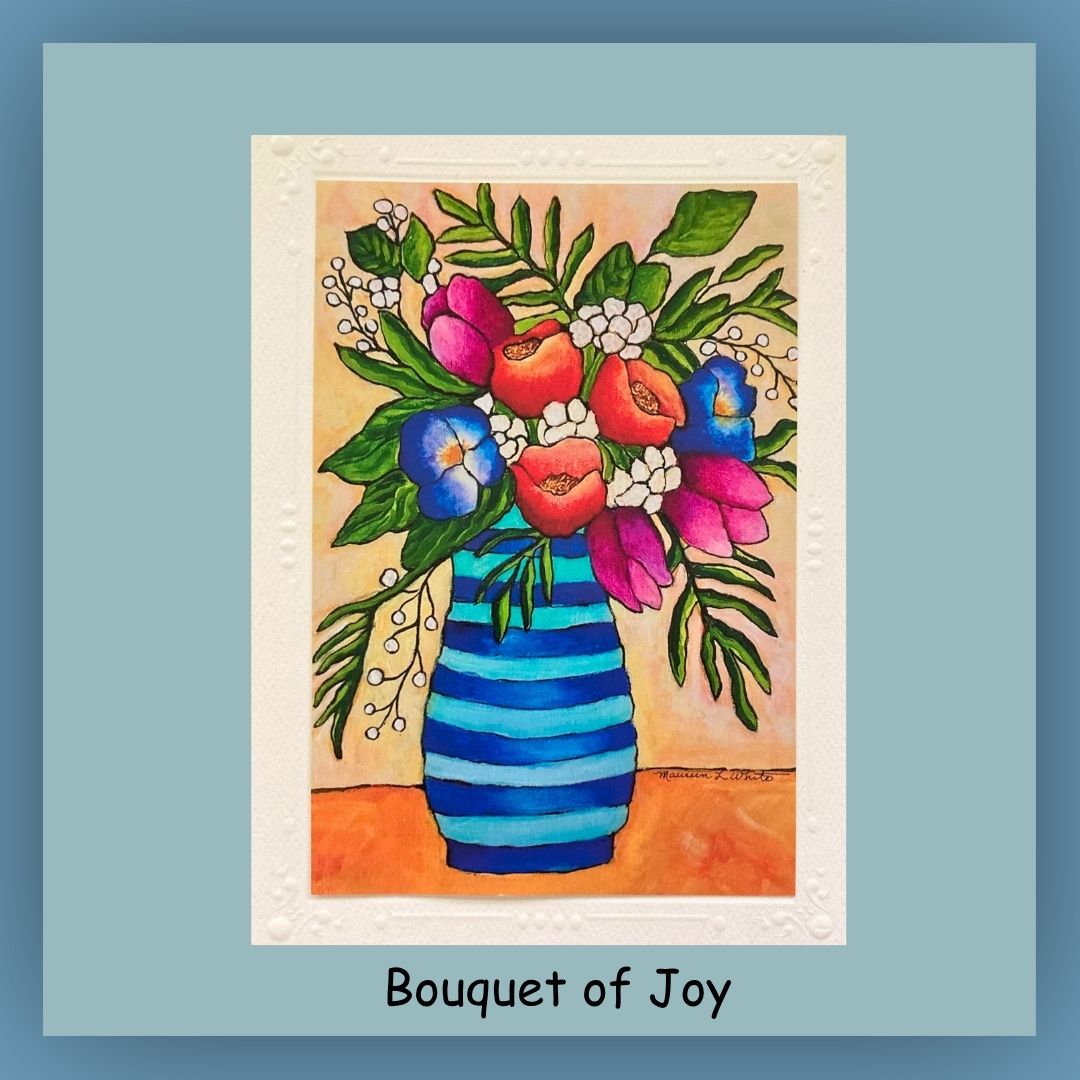 Bright colorful bouquet of flowers in a blue and aqua vase on a 5 x7 card. The inside of the card is blank.