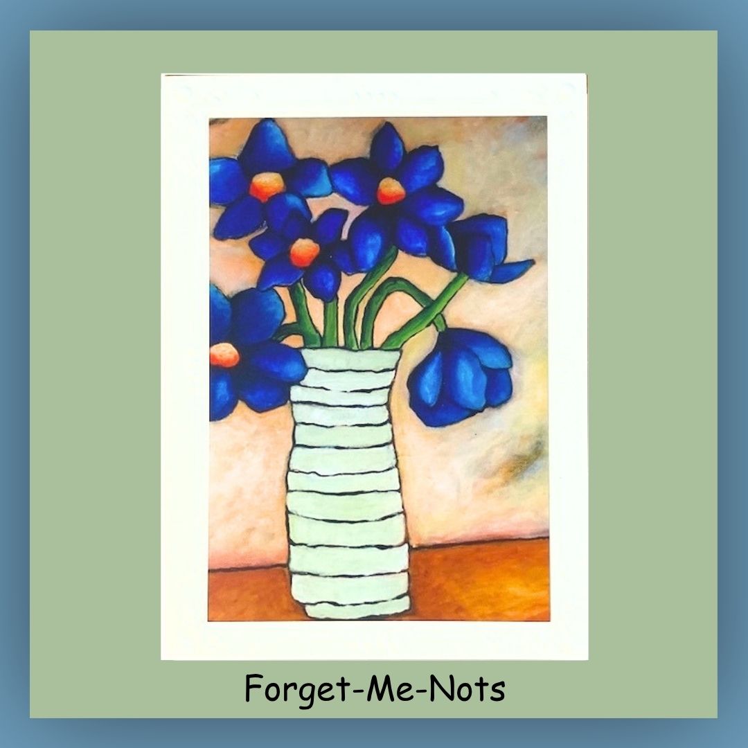 Whimsical blue Forget Me Not flowers in a white vase on a 5 x7 card. The inside of the card is blank.