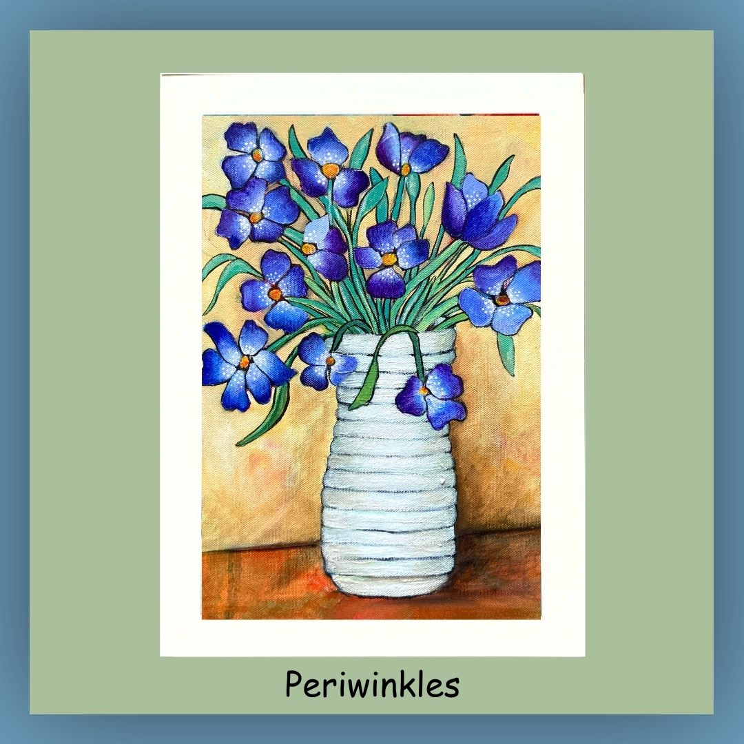 Blue Periwinkle flowers in a white vase on a 5 x7 card. The inside of the card is blank.