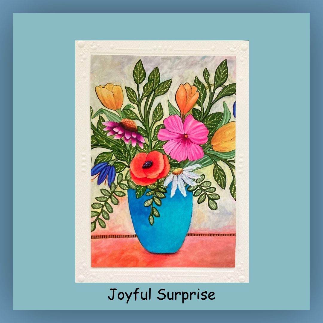 Bright spring flowers in a aqua vase on a 5 x 7 card. The inside of the card is blank.