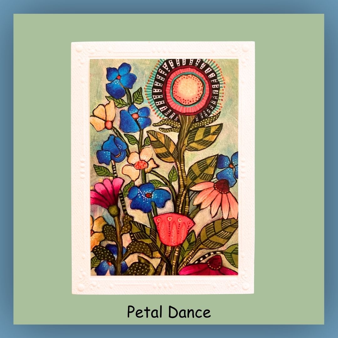Bright whimsical flowers in a garden on a 5 x 7 card. The inside of the card is blank.