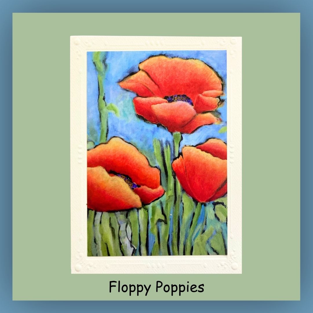 Greeting card with three large orange Garden Poppies. The inside of the card is blank.