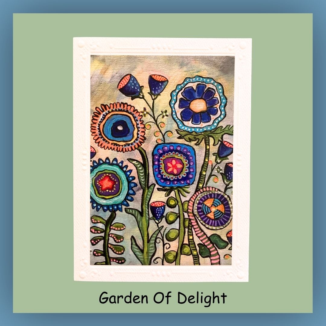 5 x 7 greeting card. Whimsical garden flowers on the outside of the card. Inside of the card is blank.