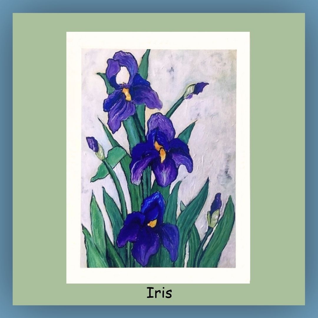 5 x 7 greeting card. Purple Iris with green leaves on the outside of the card. Inside of the card is blank.