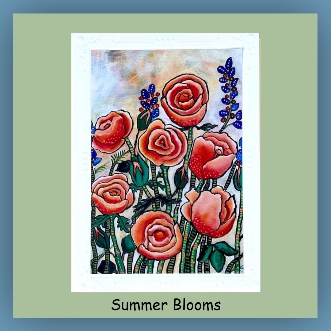 5 x 7 greeting card. Red roses in a garden on the outside of card. Inside of the card is blank.