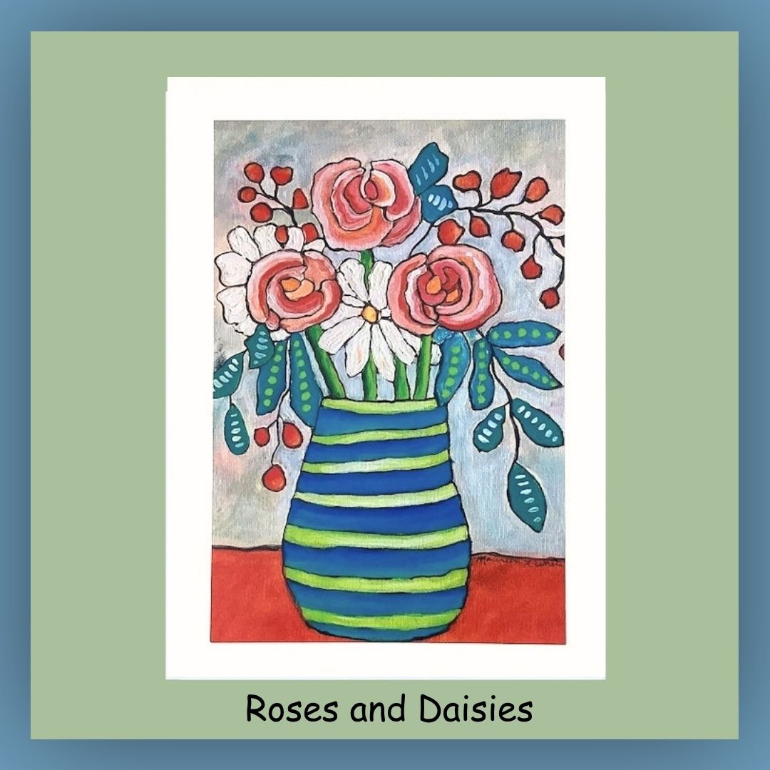 5 x 7 greeting card. Front cover shows white Daisies and red Roses in a green and blue vase. Inside of card is blank.