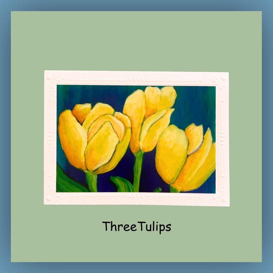 Horizontal greeting card showing three yellow tulips on a dark blue background. Inside of card is blank.