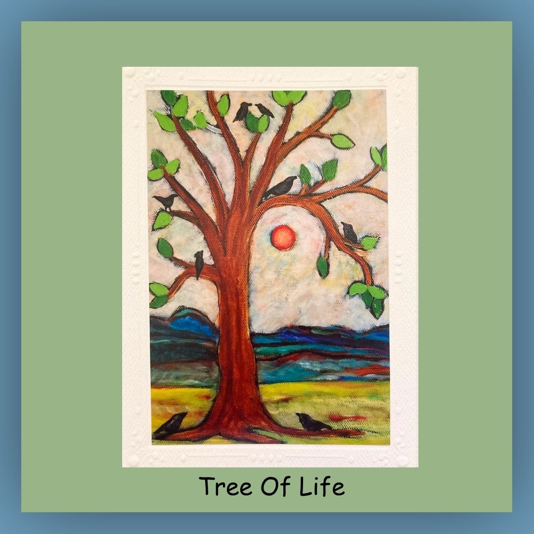 Tree of life card with birds and mountain scene. Blank inside of card