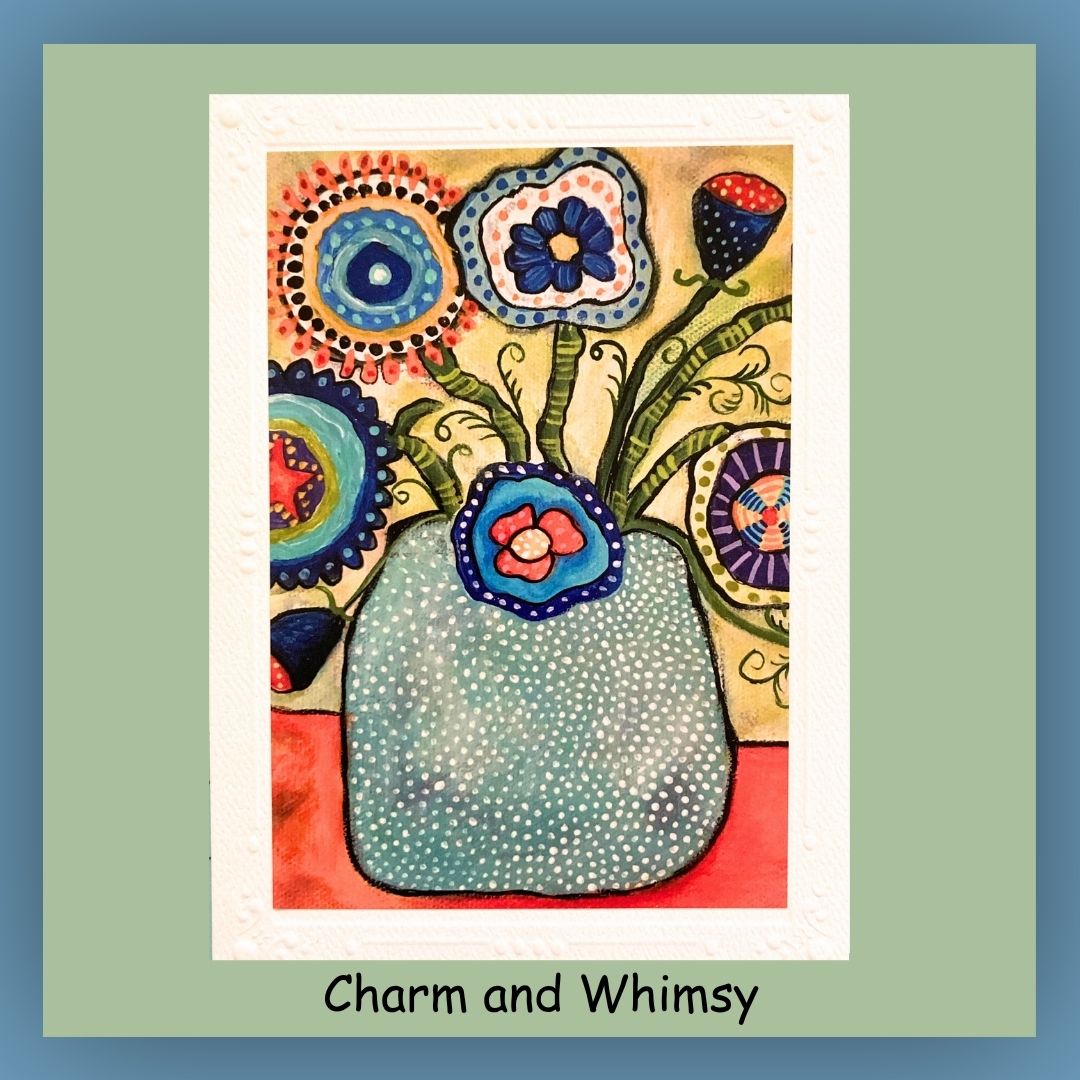 Whimsical flowers in a round vase. orange and yellow background. Blank inside of card.