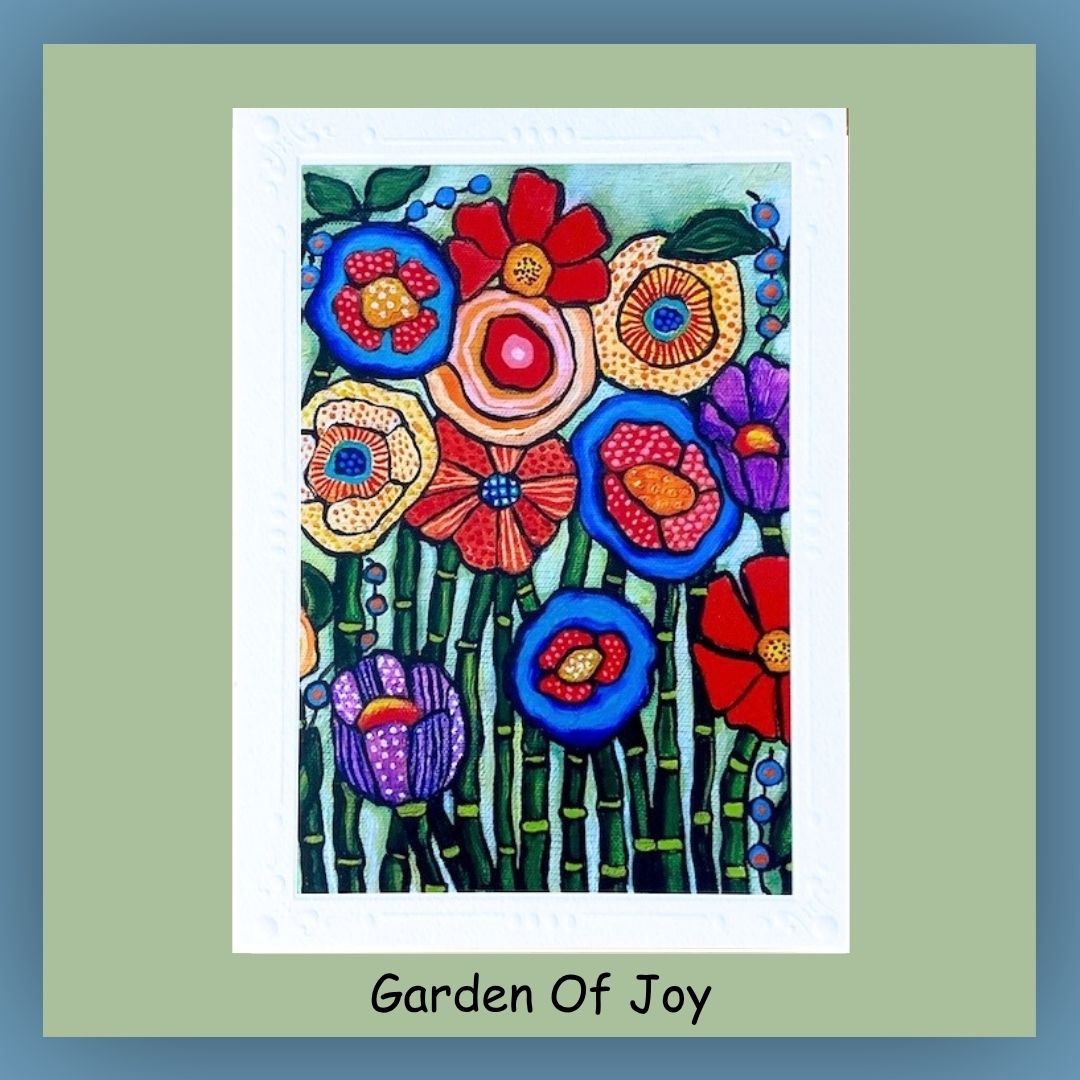 5 x 7 greeting card. Front cover shows yellow, red, and blue fanciful flowers. Blank inside