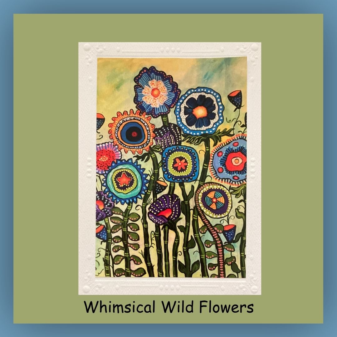 5 x 7 greeting card. Front cover whimsical dancing flowers in bright colors. Inside of card is blank.