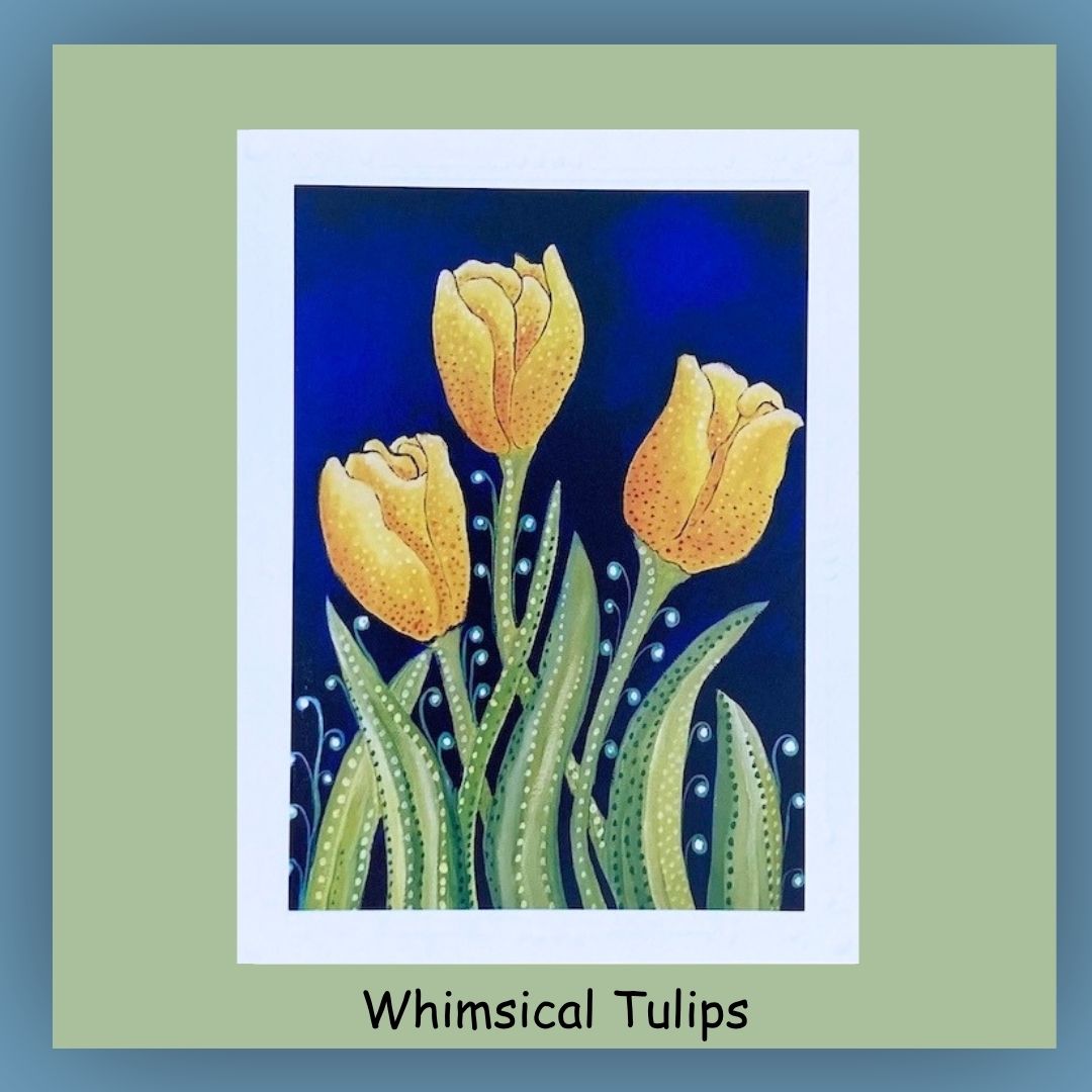 5 x 7 greeting card. Front cover show 3 whimsical daisies against a dark blue background. Blank inside.