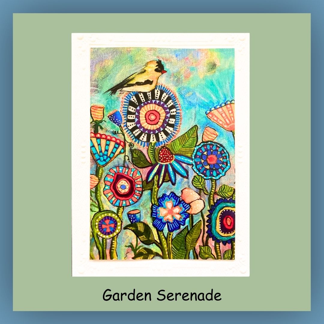 5 x 7 greeting card. Front cover is a bird in a colorful floral garden. Blank inside.