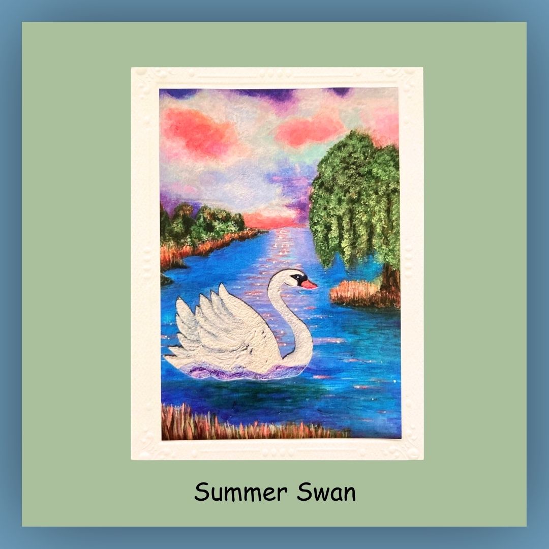 Greeting card features white swan in a blue lake. Blank inside
