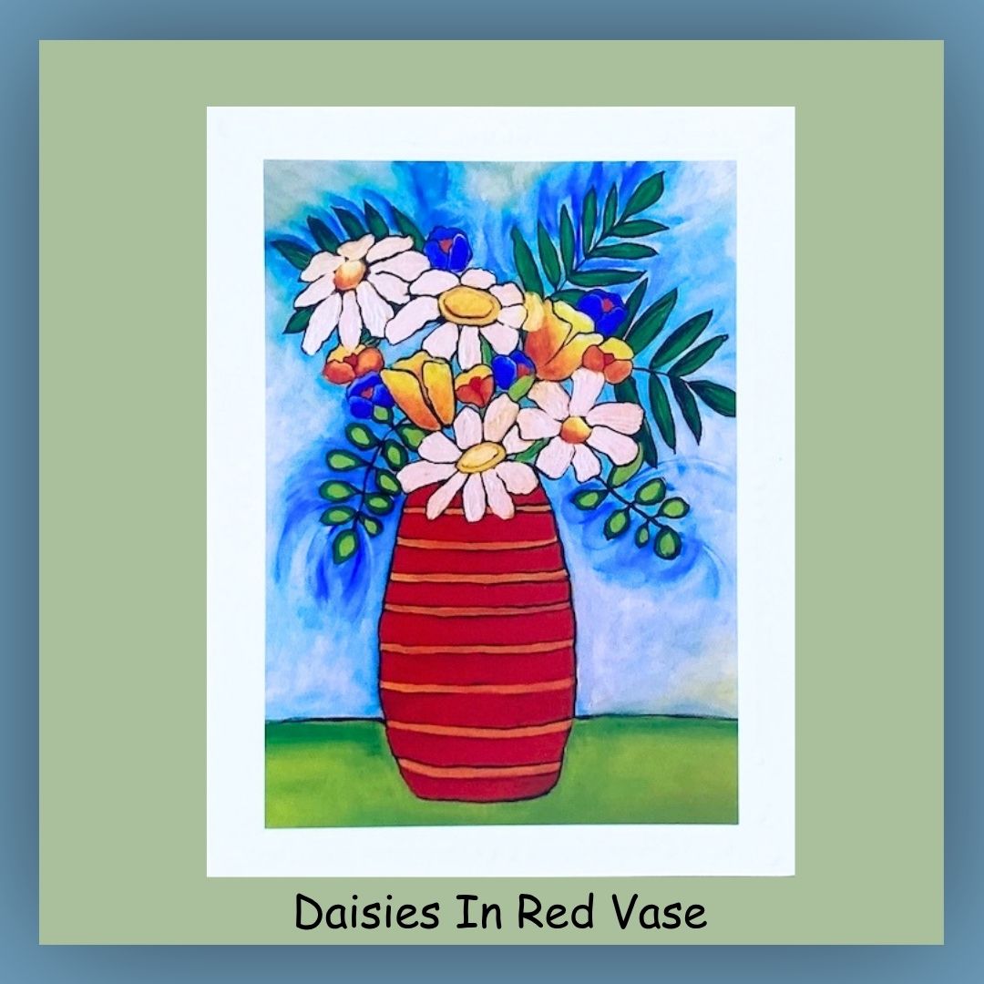 Greeting card features white daisies in a red and orange vase. Blank inside