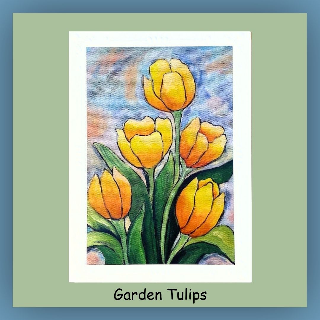 All occasion greeting card with 5 yellow garden tulips and leaves. Inside of card is blank.